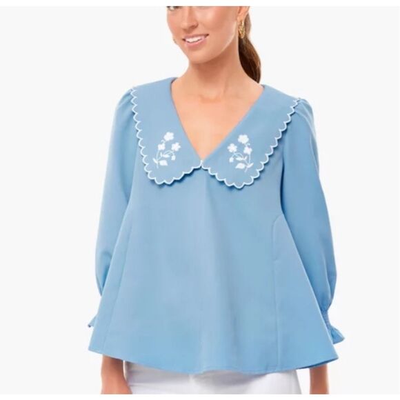Tuckernuck Cornflower Blue Collared V-neck Embroidered Scalloped Trim Blouse XS - Picture 9 of 9
